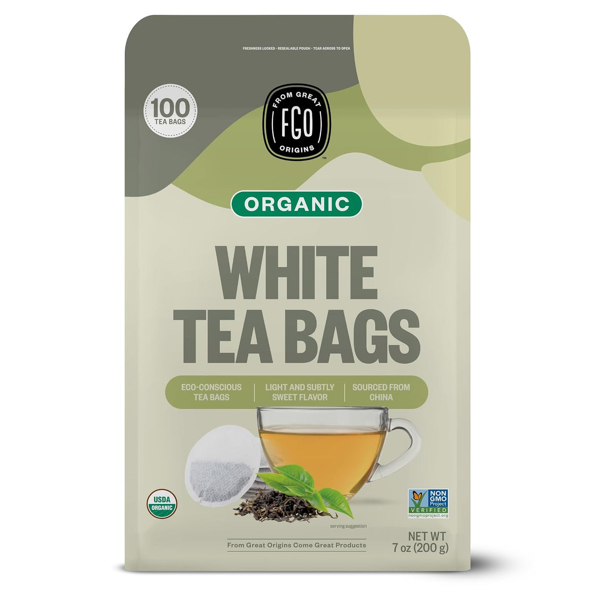 FGO Organic White Tea, 100 Count, Eco-Conscious Tea Bags, Resealable Bag