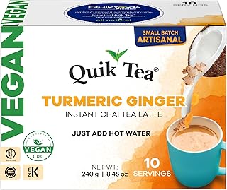 QuikTea Instant Vegan Turmeric Ginger Chai Tea Latte – 10 Count, earthy turmeric glow with zesty ginger warmth, low Caffeine, No artificial colors, flavors, preservatives – Just Add Hot Water, Kosher