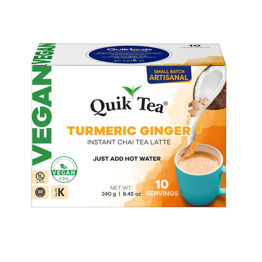 QuikTea Instant Vegan Turmeric Ginger Chai Tea Latte – 10 Count, earthy turmeric glow with zesty ginger warmth, low Caffeine, No artificial colors, flavors, preservatives – Just Add Hot Water, Kosher