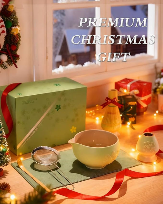 ZENS Matcha Whisk Set, Ceramic Matcha Tea Set with 15oz Sakura Bowl and Bamboo Whisk & Scoop, (Chasen Holder), Stainless Sifter-Tea Towel, 6pcs Matcha Kit for Matcha Lovers, Green