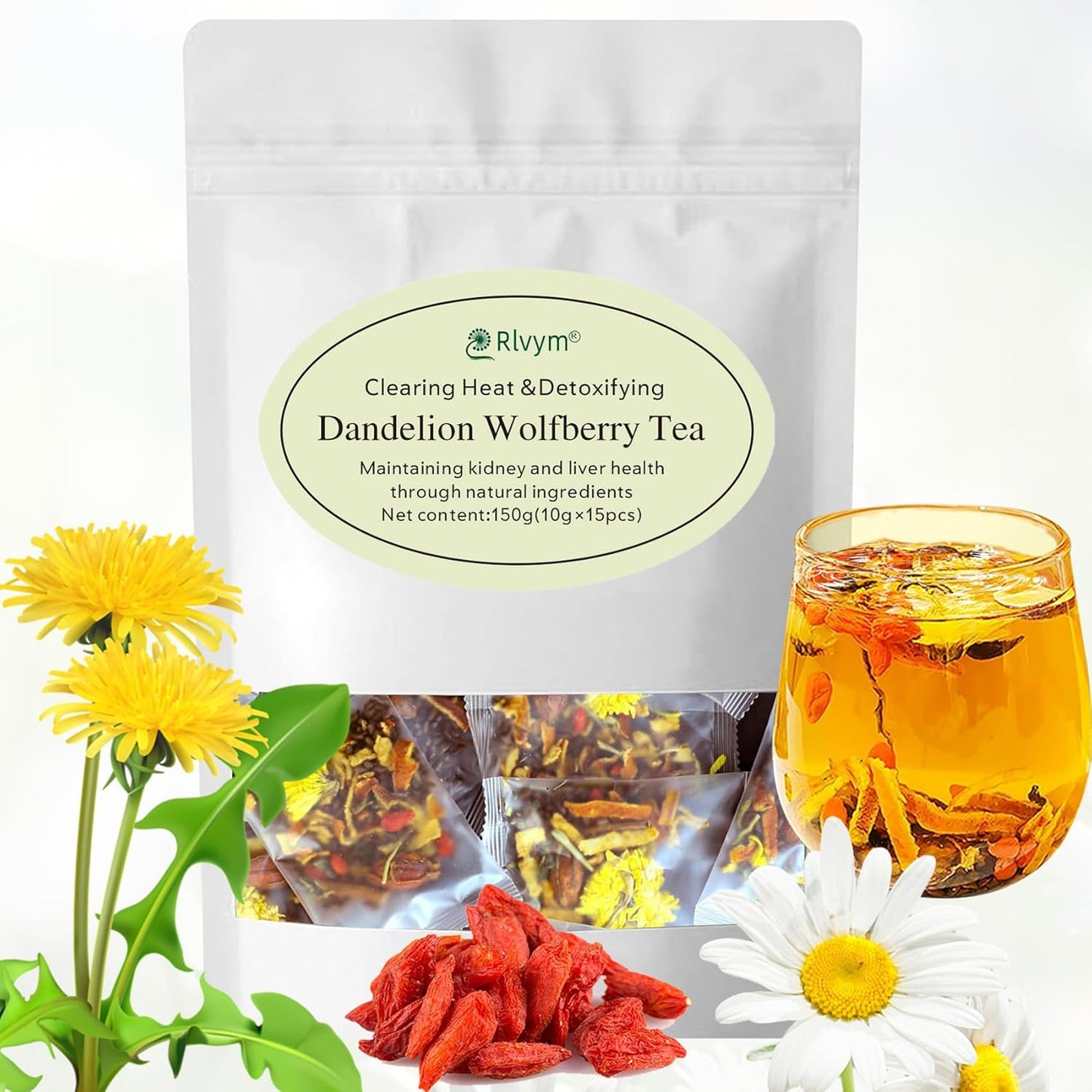 15 Bags Dandelion Wolfberry Tea, Natural Kidneys &amp; Liver Health Goji Berry Chrysanthemum Cassia Seed Tea, Seven Natural Herbal Ingredients, For Kidney &amp; Liver Health(15bags, 150g)