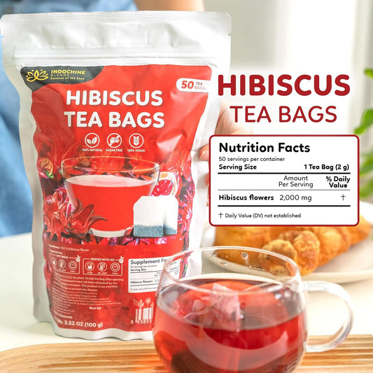 Indochine Blends Hibiscus Tea Bags, 100% Pure Hibiscus Flower, 50 Count