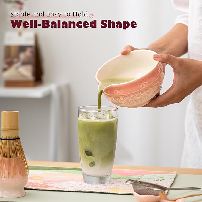 Matcha Tea Set, 8 Pcs Japanese Matcha Kit with Cherry Blossom and Wave Design Ceramic Bowl, Bamboo Whisk, Whisk Holder, Scoop, Sifter, Brush, Matcha Kit Set for Matcha Lovers (Pink Gradient)