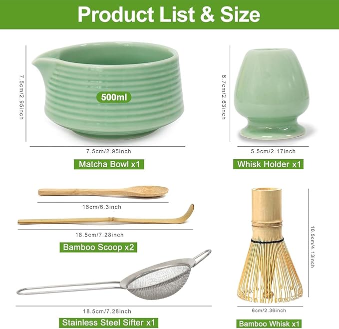 Matcha Whisk Set, 6 Pcs Matcha Set Includes Matcha Bowl with Spout, Matcha Whisk (Chasen), Matcha Whisk Holder, Sifter, Bamboo Spoon & Scoop