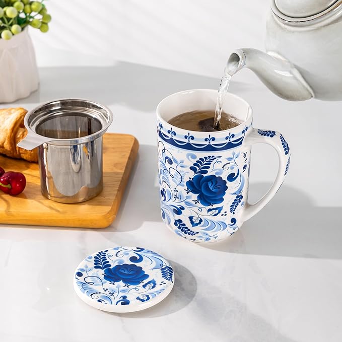 Gbhome Tea Mug with Infuser and Lid, 18 Ounce Large Ceramic Loose Leaf Cup, Microwave, Dishwasher Safe, Perfect For Tea Lovers
