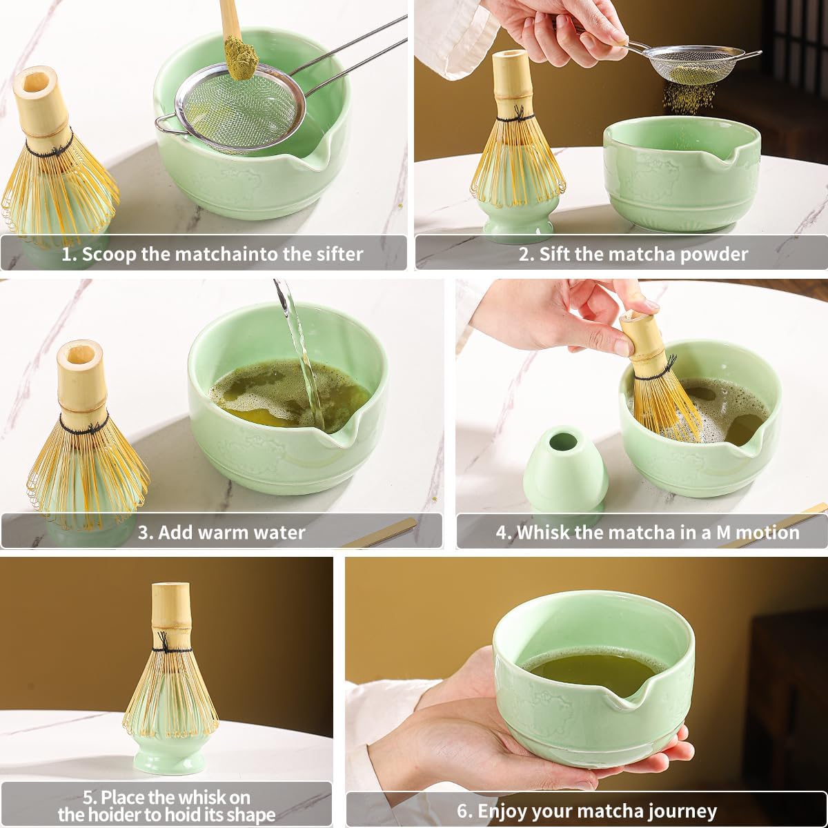 Matcha Tea Set, 5-Piece Ceramic Matcha Bowl &amp; Whisk Kit with Cute Cat Pattern, Traditional Japanese Chawan, Scoop &amp; Sifter, Perfect for Tea Ceremony, Gift for &amp; Tea Lovers (green)