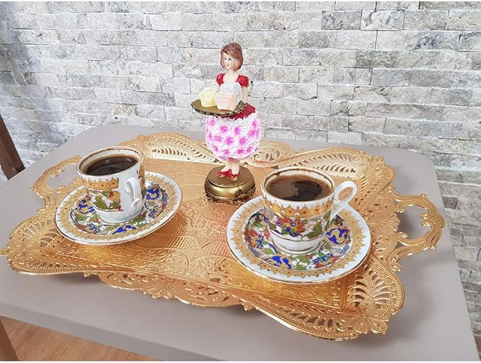 Gold Turkish Coffee Tea Serving Tray Table Home Decor Decorative Handle - Gold Vintage Brass Fancy Rectangle Style Traditional Rustic Bar Outdoor