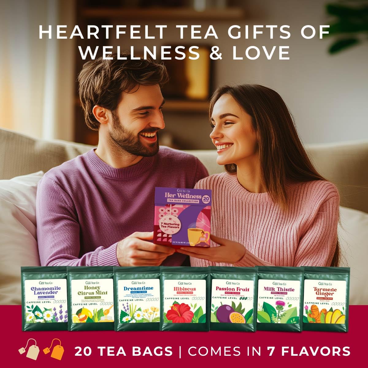 Her Wellness Tea Bags Gift Set (20 Count) - 7 Flavors Assorted Variety Pack | Caffeinated &amp; Caffeine Free Holiday Tea Sampler Gifts Box - Easy Brew, Natural Ingredients, Non-GMO, Enjoy Hot or Iced