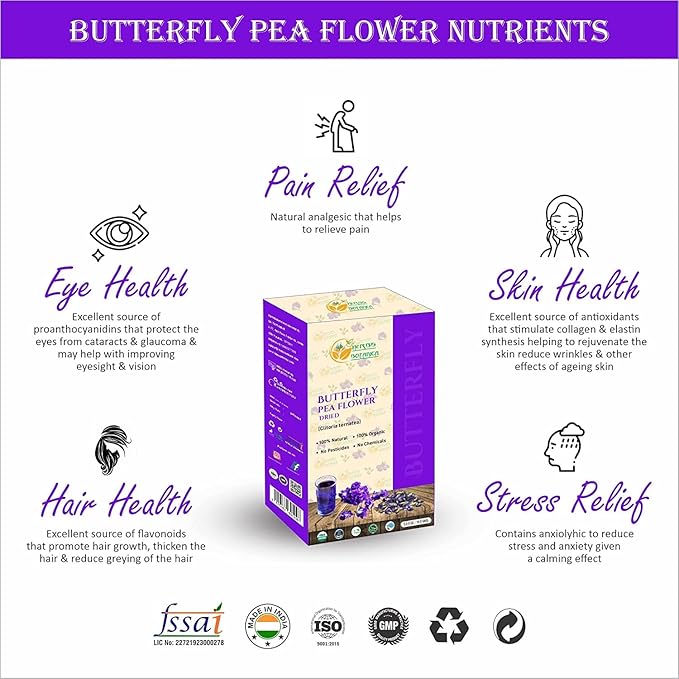 Herbs Botanica Dried Butterfly Pea Flowers For Tea Premium Herbal Tea 100% Clitoria Ternatea Flower Non Toxic, Vegan, Caffiene Free