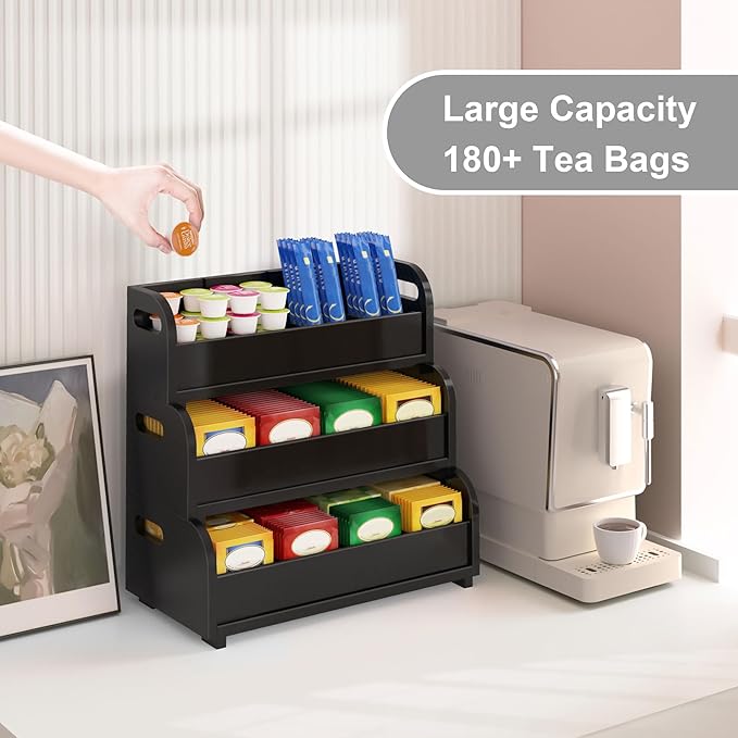 Wisuce Tea Holder for Tea Bags Organizer - Black Bamboo Tea Organizer for Tea Bags 3-Tier Stackable Wall Mount Large Capacity Tea Storage Box to Pantry Countertop Kitchen Office