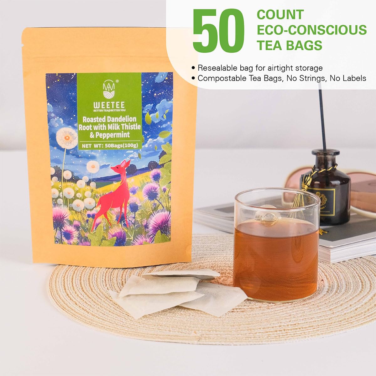 WT WEETEE Roasted Dandelion Root Tea with Milk Thistle and Peppermint 50ct | Natural Caffeine-free Dandelion Milk Thistle Herbal Tea Bags for Daily Cleanse, Toasted Nutty Flavor &amp; Coffee Alternative