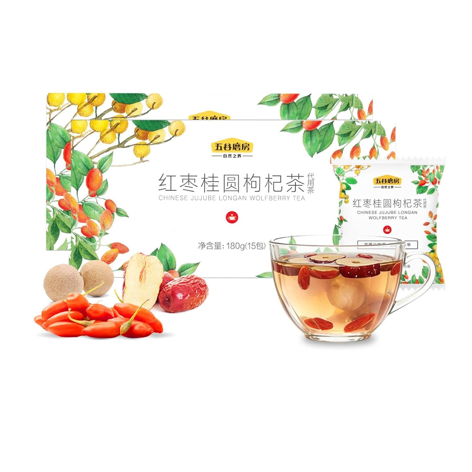 I WUGU 30 Single-Serve Sachets Chinese Jujube Longan Wolfberry Tea, Caffeine-Free Tea Bags, Red Dates Tea, Warming Comfort, Energy & Relaxation, Natural, Additive-Free Wellness Tea, 12g/0.4oz each in 2 Boxes, Total 360g/12.7oz, 五谷磨房桂圆红枣枸杞茶