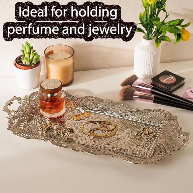 Small Silver Turkish Metal Coffee Tea Serving Tray Table Home Decor Decorative Handles