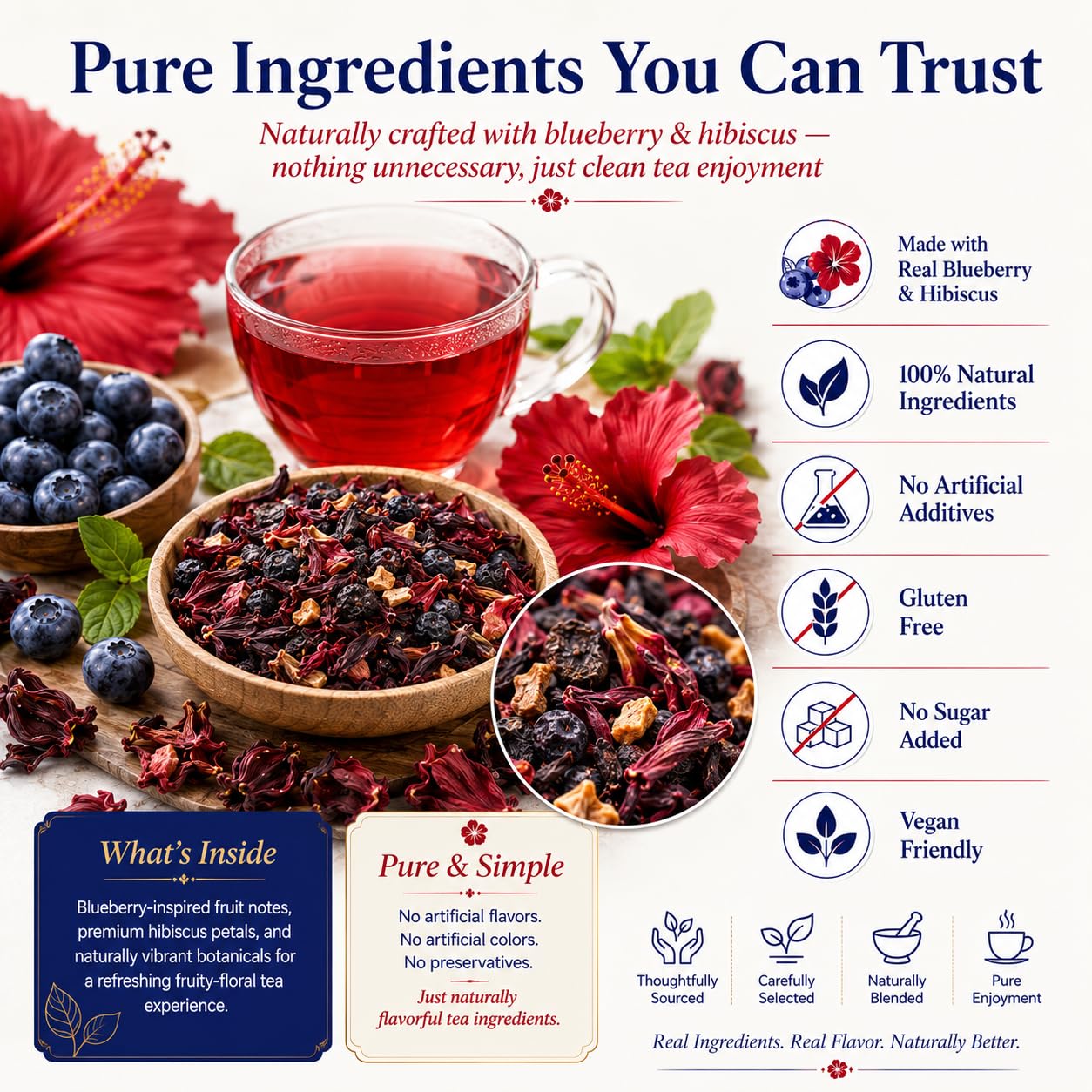 WOTIHA 60 Count Premium Blueberry Hibiscus Tea Bags - 100% Natural, Sweet &amp; Tangy Flavor, Rich in Antioxidants, Enjoy Hot or Iced, Caffeine-Free, Additive-Free, Sugar-Free, Vegan