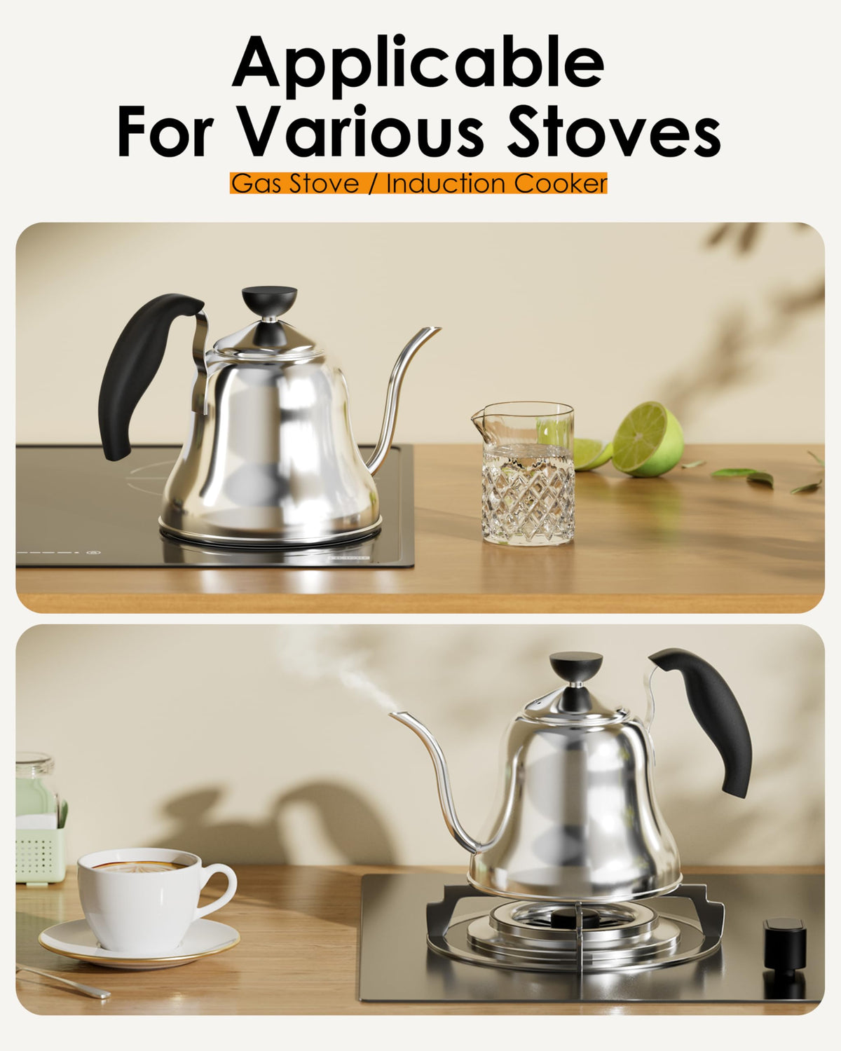 Chefbar Tea Kettle for Stovetop, Gooseneck Pour Over, Flow Control, 28oz, Silver