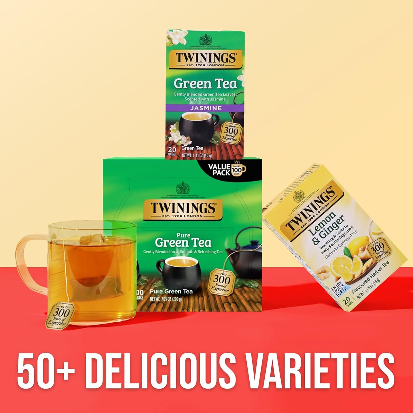 Twinings Pure Green Tea, Caffeinated, Tea Bags, 100 CT Box (1 Pack) | Pure, Smooth, Fresh &amp; Aromatic Green Tea, Naturally Caffeinated, 100 Foil Lined Individually Wrapped Bags, Enjoy Hot or Iced
