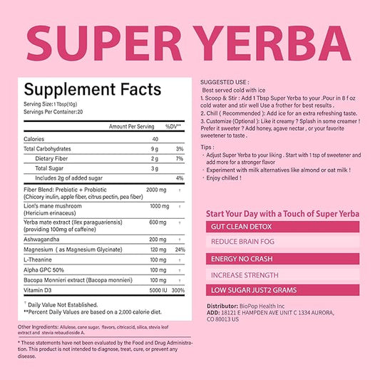 Super Yerba,Yerba Mate Instant Tea Powder，Raspberry Lemonade Flavor，Yerba mate supplements with prebiotics and probiotics，Energy Boost, Promote Mental Clarity and Gut Health ， low Suga (200g)