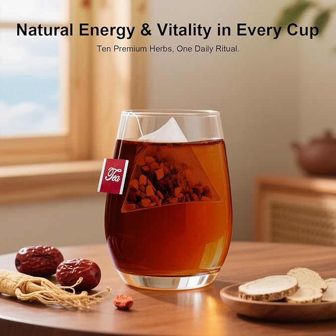 Ginseng Ten Treasures Tea, Premium Chinese Herbal Tea Blend with Ginseng, Goji, Red Dates & 7 More Herbs, Caffeine-Free Herbal Infusion, No Additives
