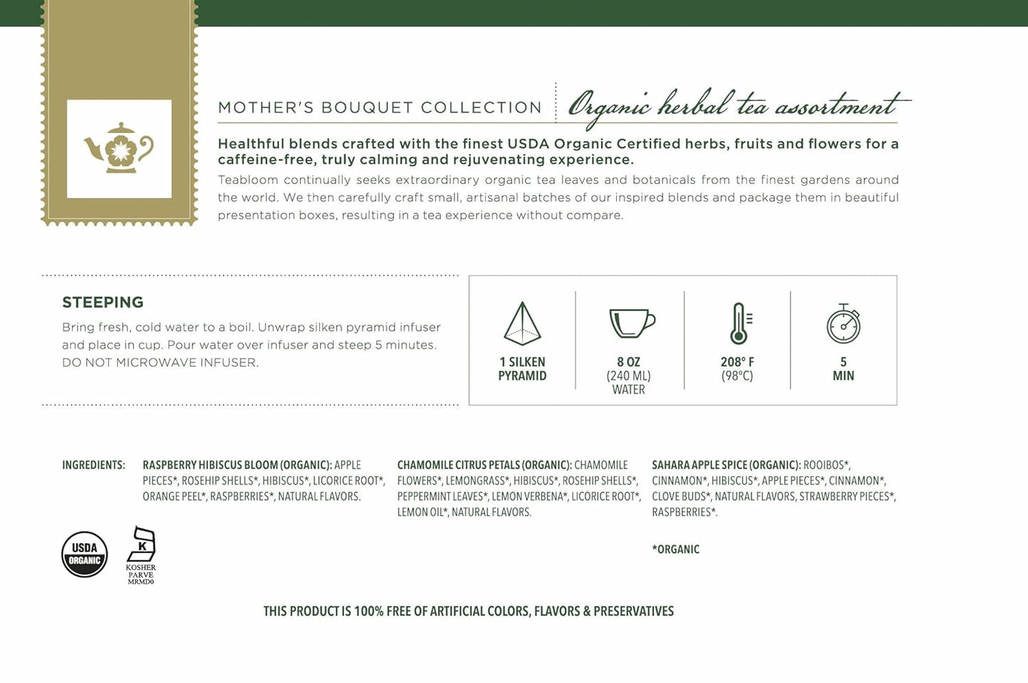 Teabloom Mother’s Bouquet Gourmet Tea Gift – Herbal Assortment with 12 Organic Plant-Based Pyramid Sachets, Caffeine-Free & Kosher, Elegant Presentation Box for Tea Lovers