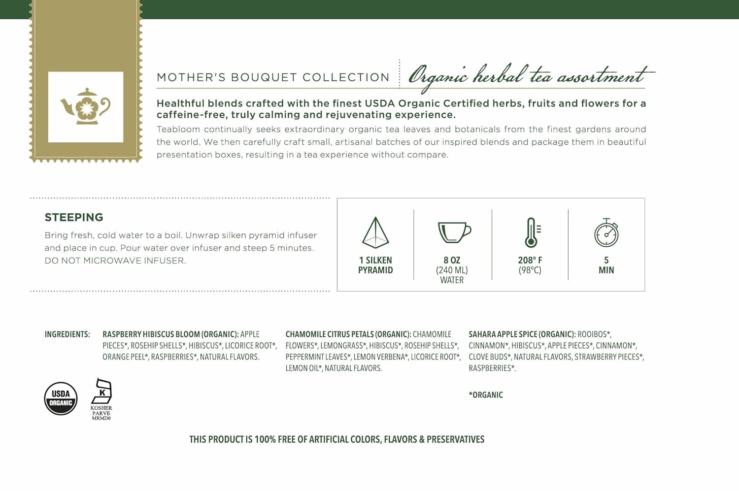 Teabloom Mother’s Bouquet Gourmet Tea Gift – Herbal Assortment with 12 Organic Plant-Based Pyramid Sachets, Caffeine-Free & Kosher, Elegant Presentation Box for Tea Lovers