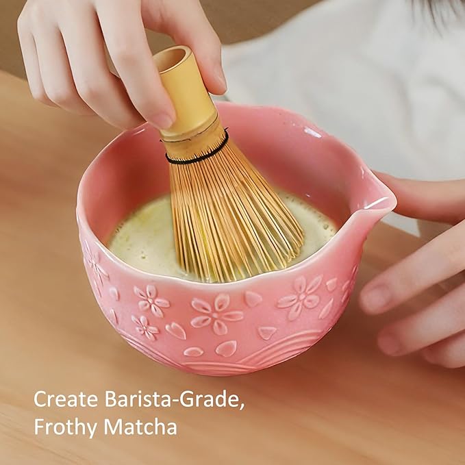 Matcha Whisk Set, 8 Pcs Matcha Kit with Ceramic Japanese Matcha Bowl & Accessories Kit for Traditional Tea Ceremony, Home Use & Christmas Gifts for Matcha Lovers (Pink)