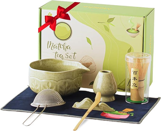Matcha Whisk Set Black, 8 Pcs Matcha Set with Bowl (Chawan)/Whisk/Holder & Accessories, Matcha Kit for Ceremony, Traditional Tea Set for Making Latte
