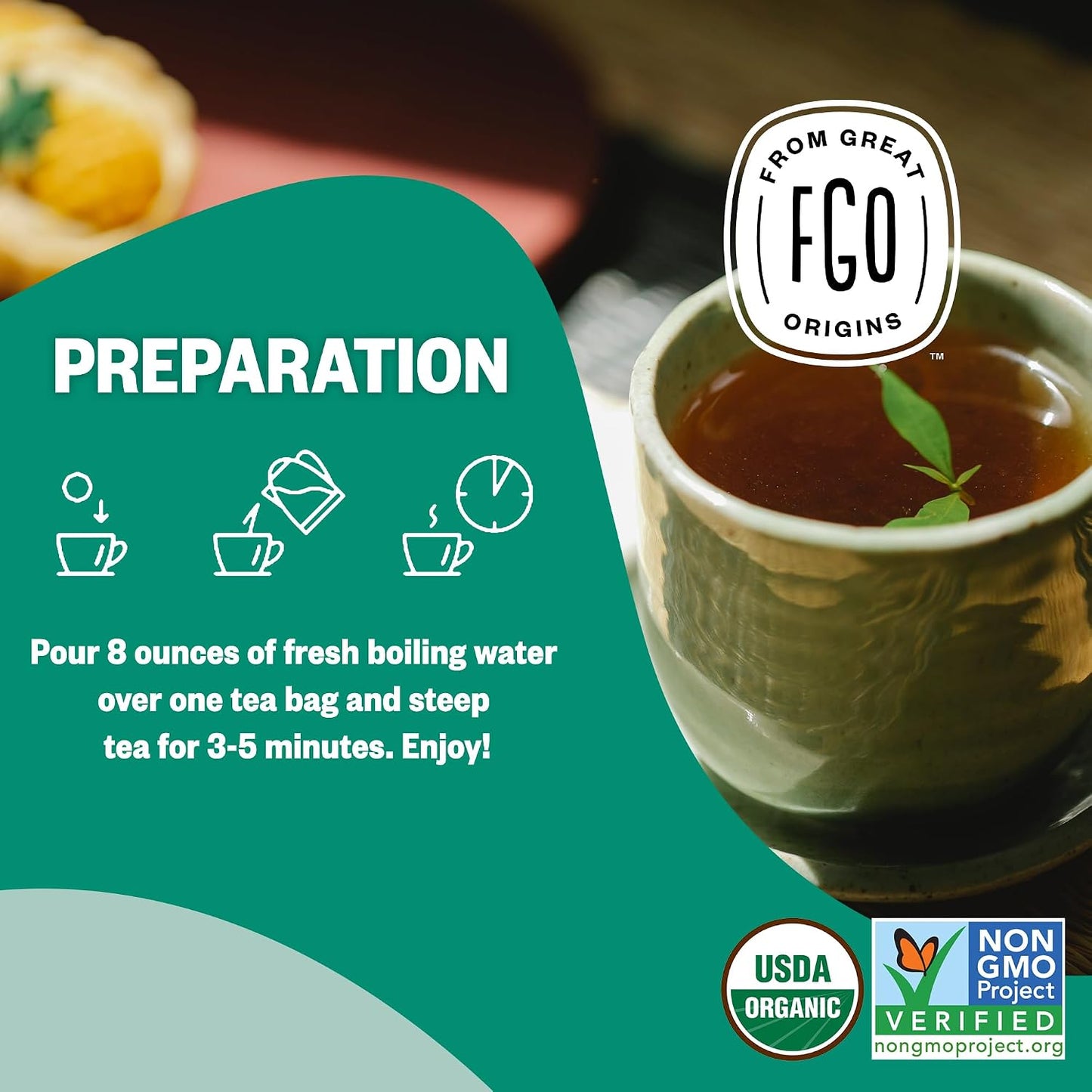 FGO Organic Spearmint Leaf Tea, 100 Count, Eco-Conscious Tea Bags, Caffeine Free, Resealable Bag, Packaging May Vary (Pack of 1)