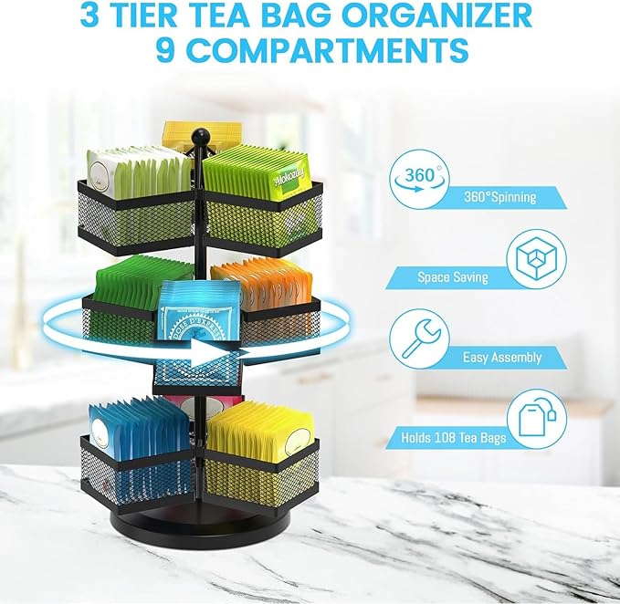 iDavosic.ly 3 Tier Tea Bag Organizer, Packet Storage Holder Spinning Carousel With 9 Compartments, Rotating Metal Caddy for Kitchen Counter Cabinet, Up to 108 Teabags Storage, Black