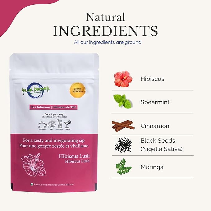 Blue Pepper Hibiscus Tea Infusion, Hibiscus, Mint, Black Seeds, Cinnamon & Moringa, Caffeine-Free Natural Beverage