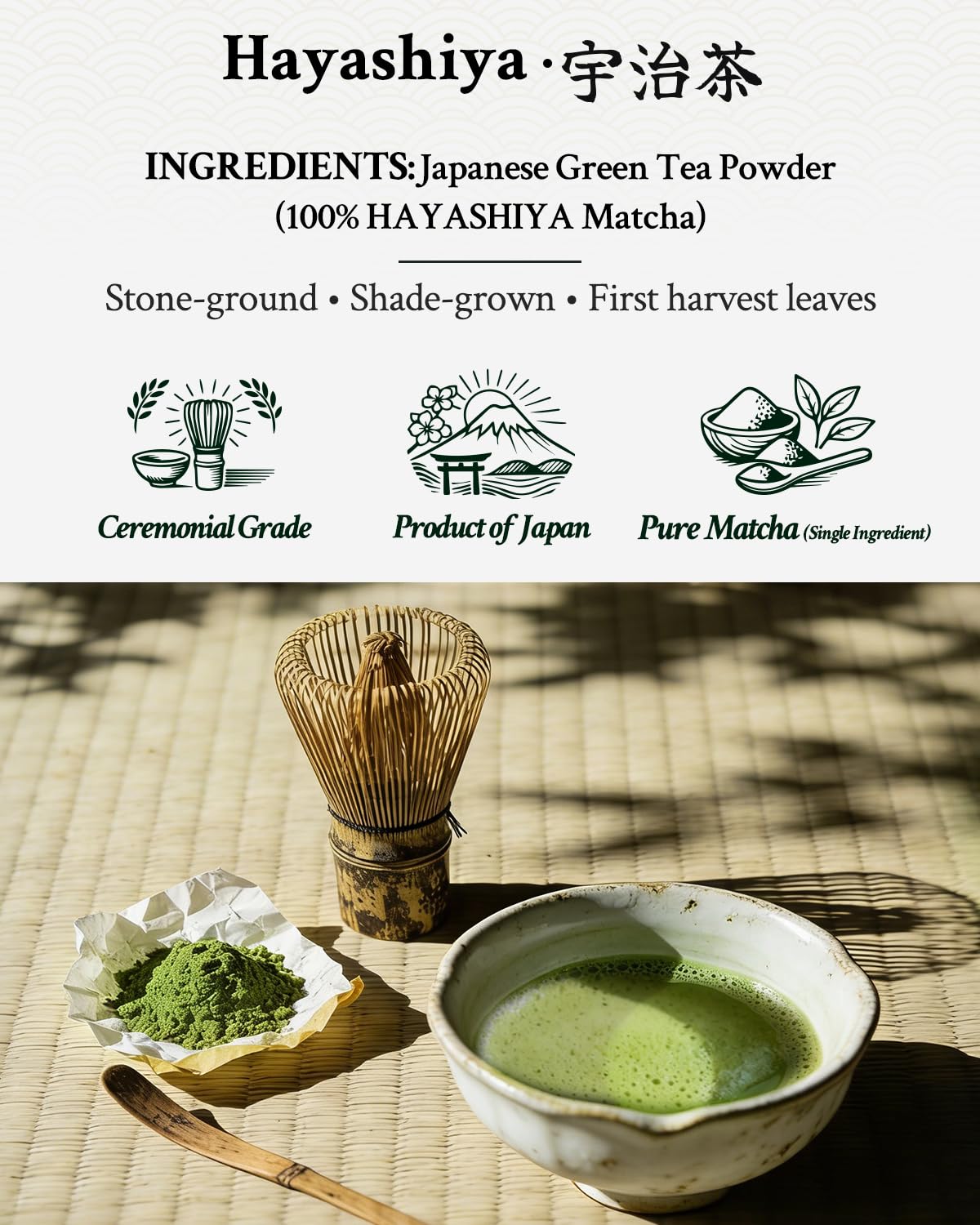 HAYASHIYA Ceremonial Grade Uji Matcha Green Tea Powder, 30g / 1.06oz Tin | First-harvest Uji matcha from Kyoto, Japan, stone-ground for a smooth texture; ideal for tea, lattes and daily use