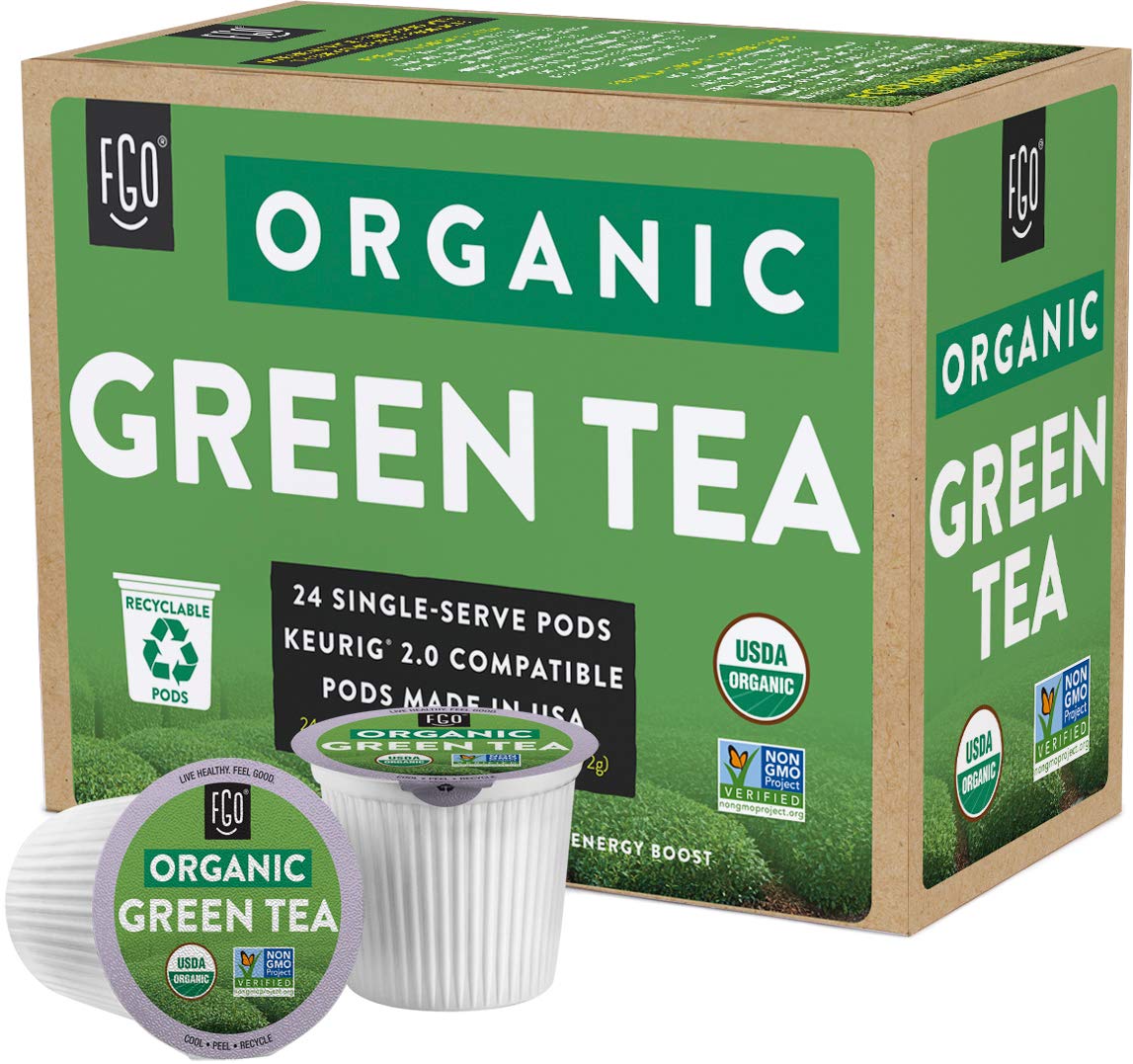 FGO Organic Green Tea K-Cup Pods for Keurig, 24 Count (Pack of 1), Premium Green Tea is USDA Organic, Non-GMO, & Recyclable with Naturally Occurring Caffeine