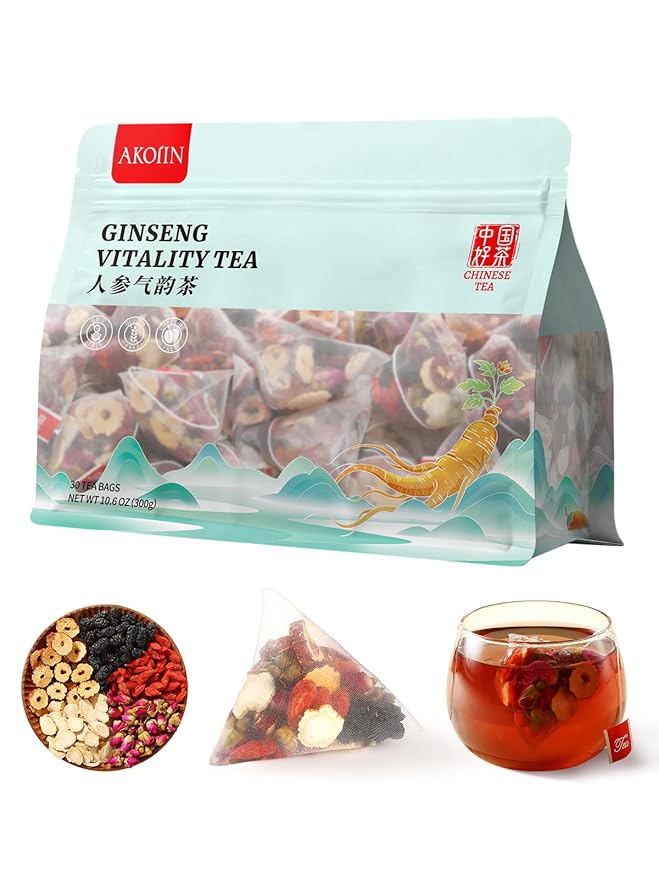 Ginseng Six Treasures Tea - 30 Bags (15 Day + 15 Night), The Daily Glow Duo: Energy & Beauty Tea, Caffeine-Free