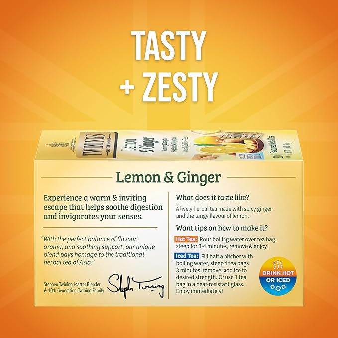 Twinings Lemon & Ginger Herbal Tea Individually Wrapped Bags, 20 Count (Pack of 6), Tangy Lemon, Spicy Ginger, Naturally Caffeine-Free, Enjoy Hot or Iced, 120 Teabags