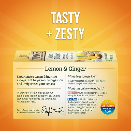 Twinings Lemon & Ginger Herbal Tea Individually Wrapped Bags, 20 Count (Pack of 6), Tangy Lemon, Spicy Ginger, Naturally Caffeine-Free, Enjoy Hot or Iced, 120 Teabags