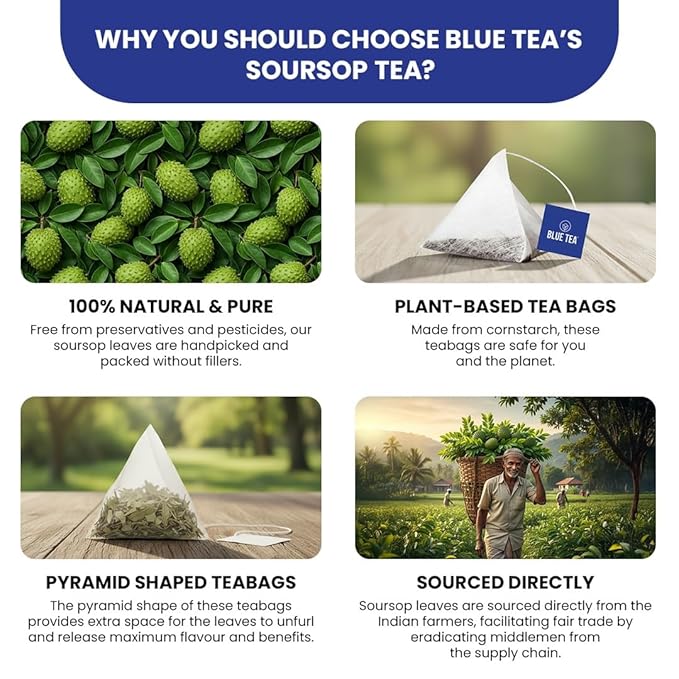 Blue TEA - Soursop Tea - 10 Count - Pyramid Plant Based Tea Bags, Hoja Guanabana Tea, Premium Graviola Leaves, Herbal Tea - Caffeine Free
