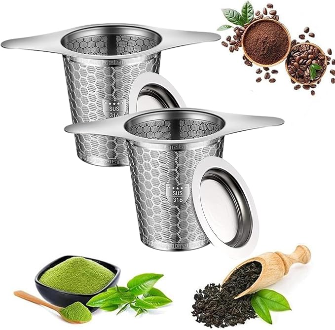 Premium Stainless Steel Loose Leaf Tea Infuser, SUS 316 Grade, Hexagonal Mesh Pattern with Wide Rim, Loose Leaf Steeper Strainer(2 Pcs)