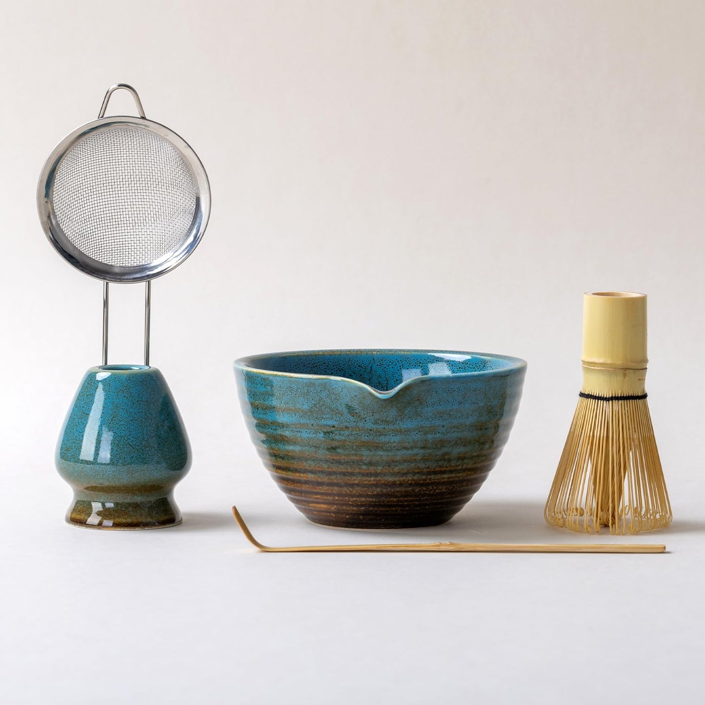 Traditional Matcha Tea Ceremony Set with Ceramic Bowl, Bamboo Whisk, Stand and Strainer, 5-Piece (blue)