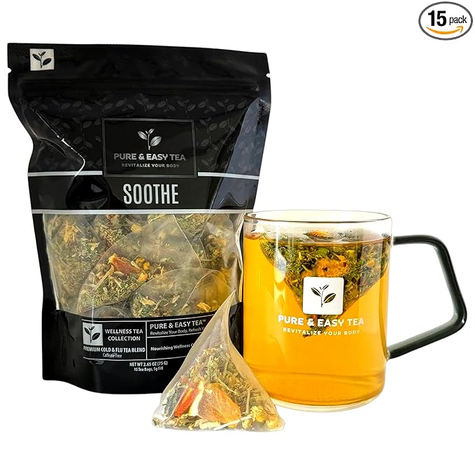 Pure And Easy Tea, Soothe, Cold & Sore Throat Relief Tea, 100% Natural Herbal Blend with Echinacea, Eucalyptus & Ginger, 15 Large BPA-Free Tea Bags, 75g