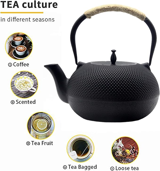 Big Cast Iron Teapot, Japanese Tetsubin Tea Kettle for Stovetop Safe, Cast Iron Tea Pot with Stainless Steel Infuser for Loose Tea and Enameled