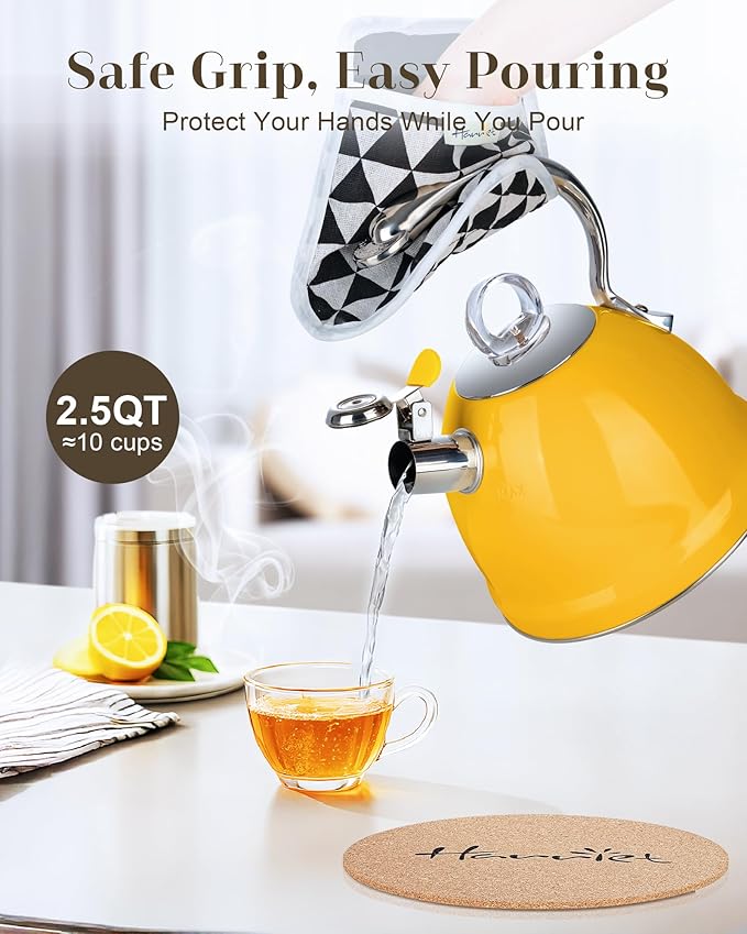 Harriet Tea Kettle Stovetop, 2.5 QT Whistling Stainless Steel Teapot, 3-Layer Base, Unique Ergonomic Handle, Includes Pot Holder & Mat