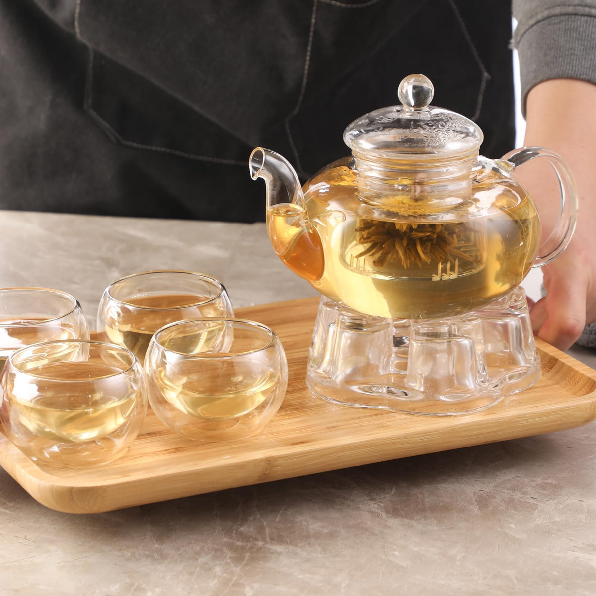 GURUDAR Glass Teapot Set, 34OZ/1000ML Glass Tea Kettle with Loose Tea Infuser & Warmer, 5OZ/150ML Double-Wall Tea Cup Set of