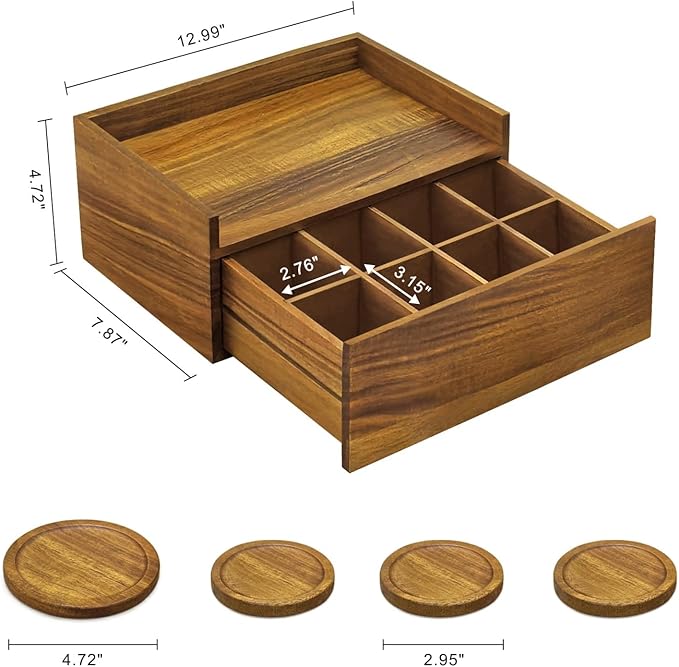 Idefair Acacia Wood Tea Box Organizer Storage Box with 5 Wooden Coasters, Tea Bags Organizer Chest Storage with Drawer, Tea Bag Box for Coffee Teabgs Countertop Display