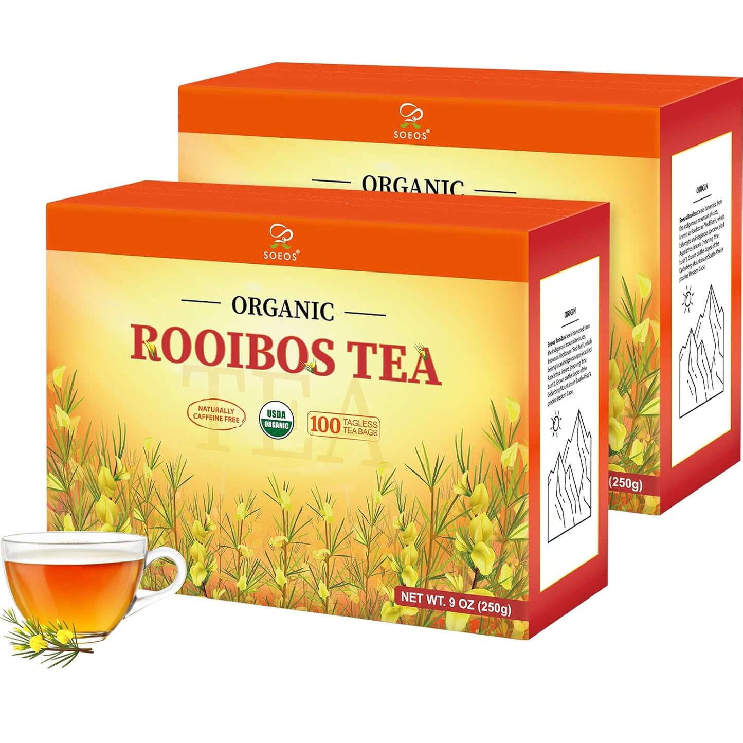 Soeos Organic Rooibos Tea, 200 Teabags (2 Packs), Naturally Caffeine Free, USDA and Non GMO Certify, Smooth and Robust Flavor, Excellent for Hot or Iced Brew, 18oz (500g)