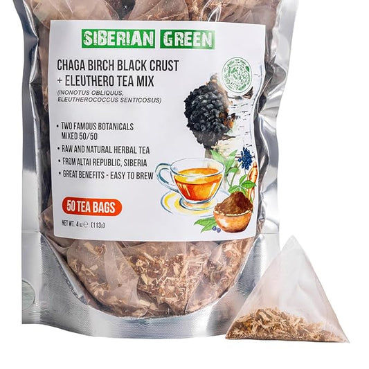 Siberian Green Chaga Tea with Siberian Ginseng Root – 50Pcs Equal Ratio Natural Pure Tea Bags with Chaga Eleuthero Mix – Non-GMO