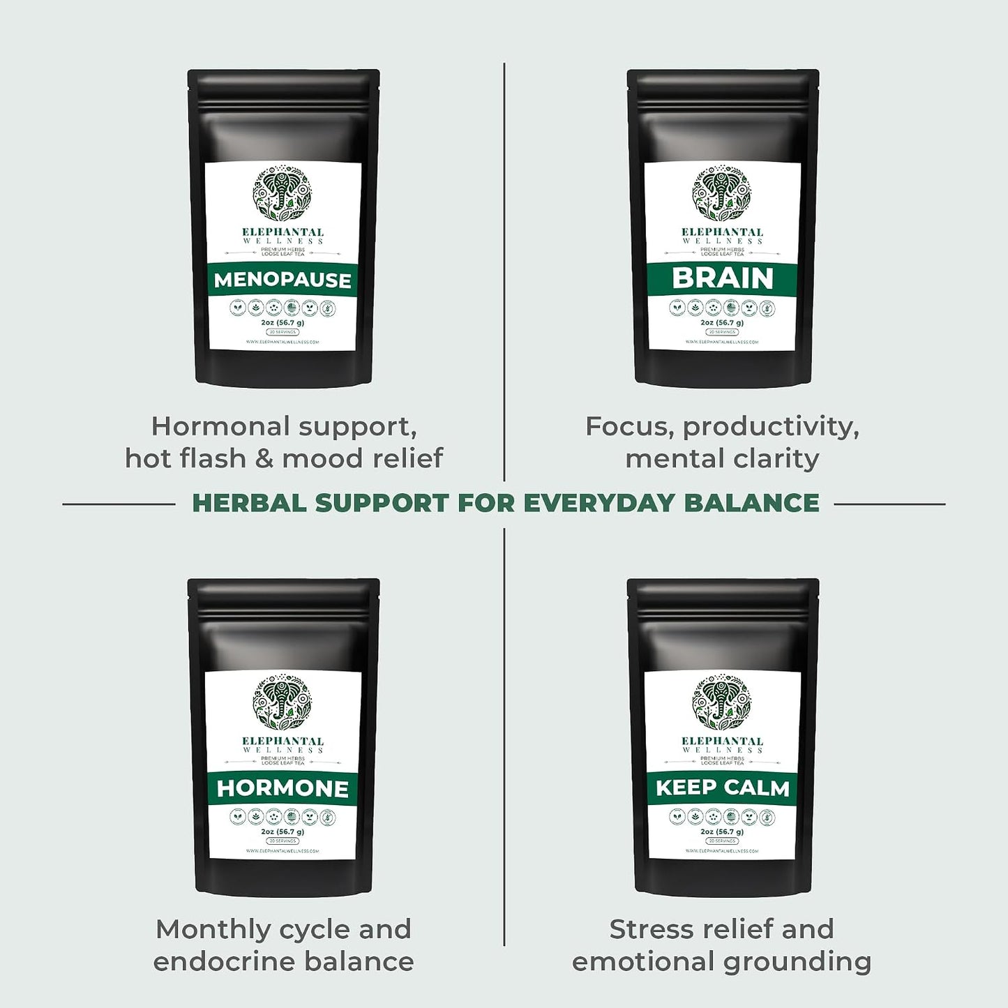 Elephantal Wellness Premium Well Balanced Herbal Tea | Healthy Cortisol, Adaptogenic Stress Energy Support with Ashwagandha, Goji, Reishi, Holy Basil &amp; Lion’s Mane, Caffeine-Free, Non-GMO, 4 oz