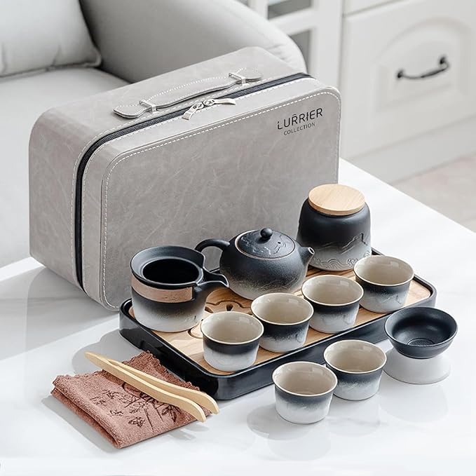 LURRIER Gongfu tea sets, Portable Ceramic TeaSet, Asian Tea sets for adult, Tea Gift sets, Grey leat