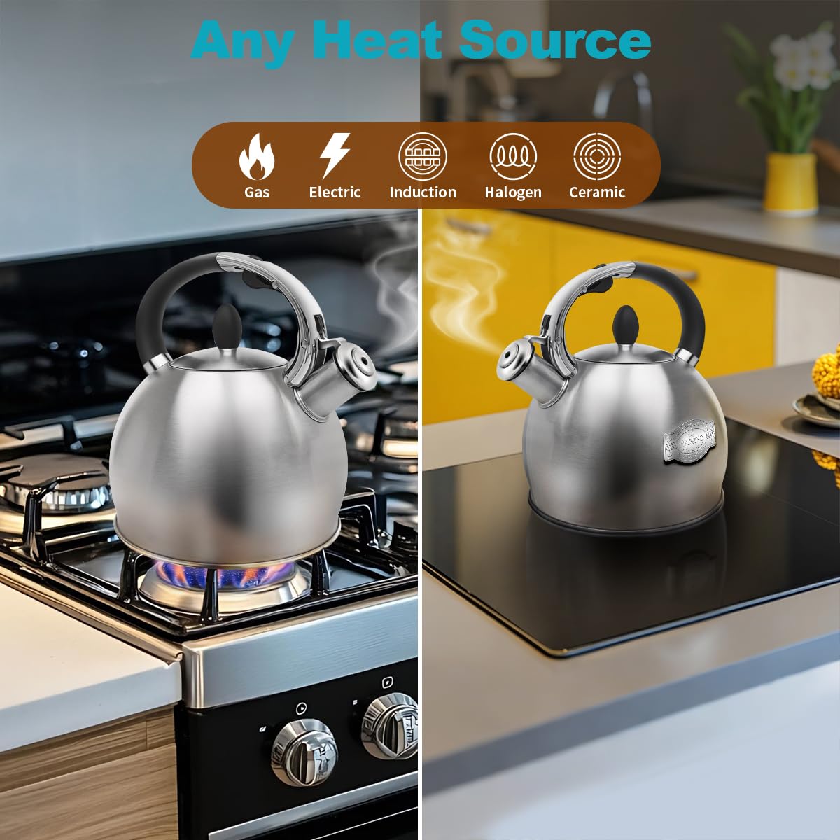 BAERFO Whistling Stovetop Tea Kettle, 2.64 Qt 304 Stainless Steel （Brushed）