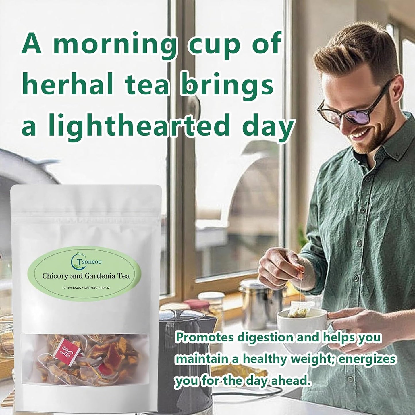 Chicory and Gardenia Herbal Tea Bags (12 Count) – Caffeine Free, Sugar Free Botanical Tea with Honeysuckle, Licorice &amp; Tangerine Peel – Vegan, Naturally Soothing Daily Herbal Blend (1pc)