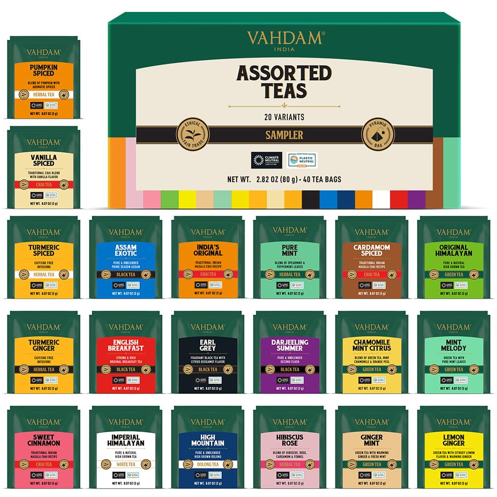 VAHDAM, Assorted Tea Sampler (20 Delicious Variety, 40 Individually Wrapped Pyramid Teabags) Long Leaf Premium Teas I Tea Gift Set I Gift Ideas for