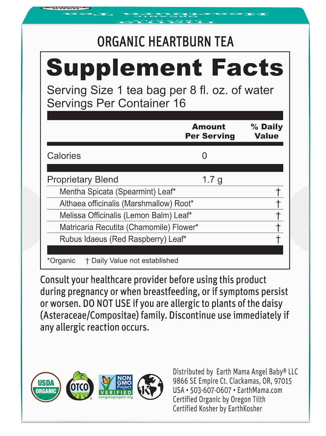 Earth Mama Organic Heartburn Tea | Pregnancy-Safe Soothing Herbal Blend with Marshmallow Root, Lemon Balm & Chamomile, 16 Teabags Per Box